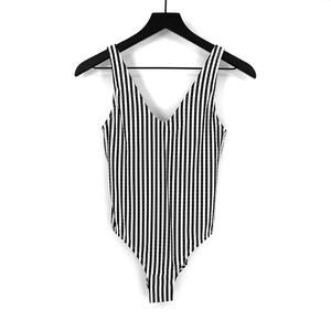 ATHLETA Stripe Seersucker V-Neck One Piece Swimsuit Black White XXS
